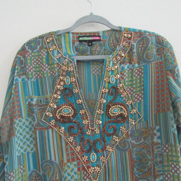 Women's Tunic Top Beaded Sheer Boho Maximalist Medium Green - Picture 2 of 11